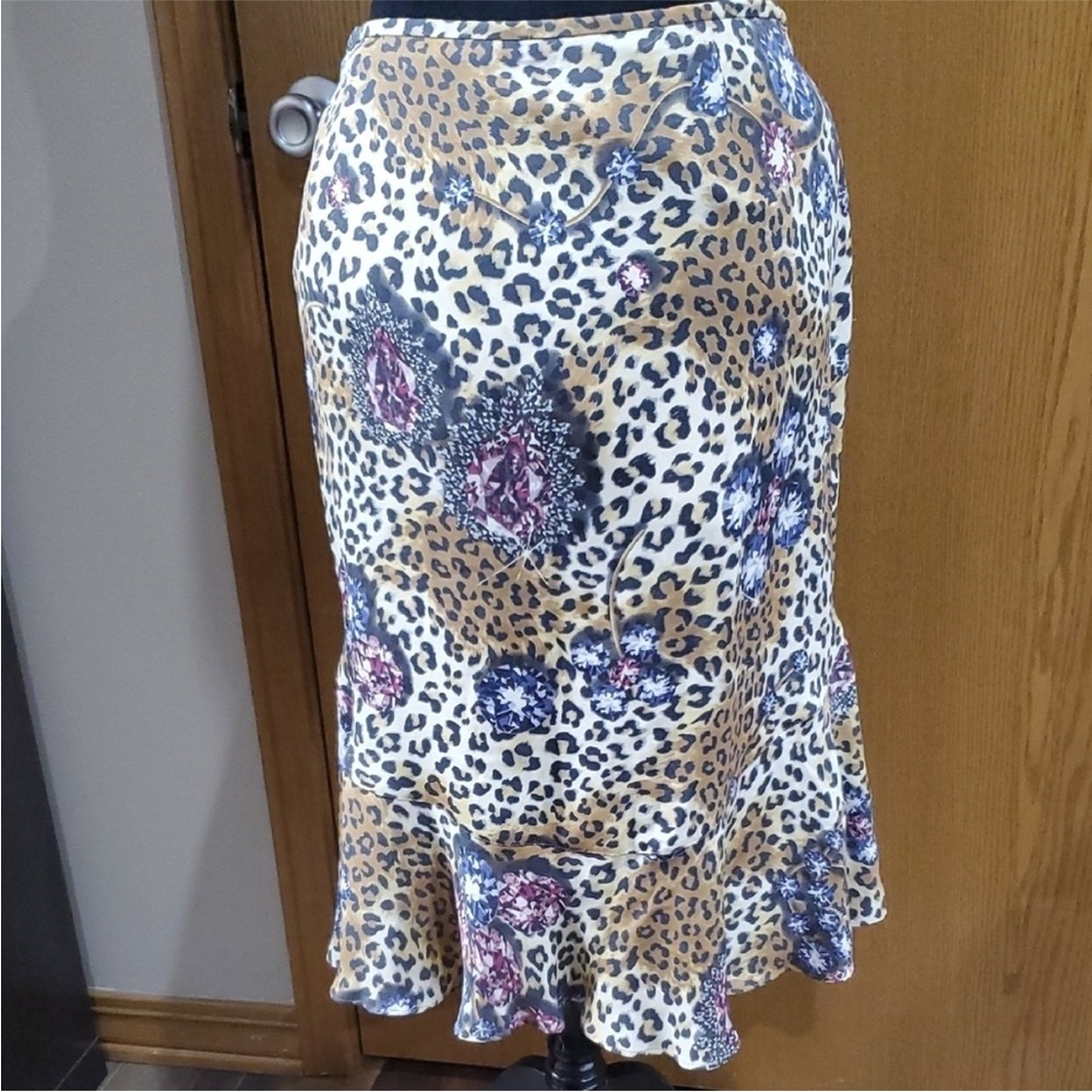 Vintage Escada Leopard Jewel Print Silk Midi Skirt